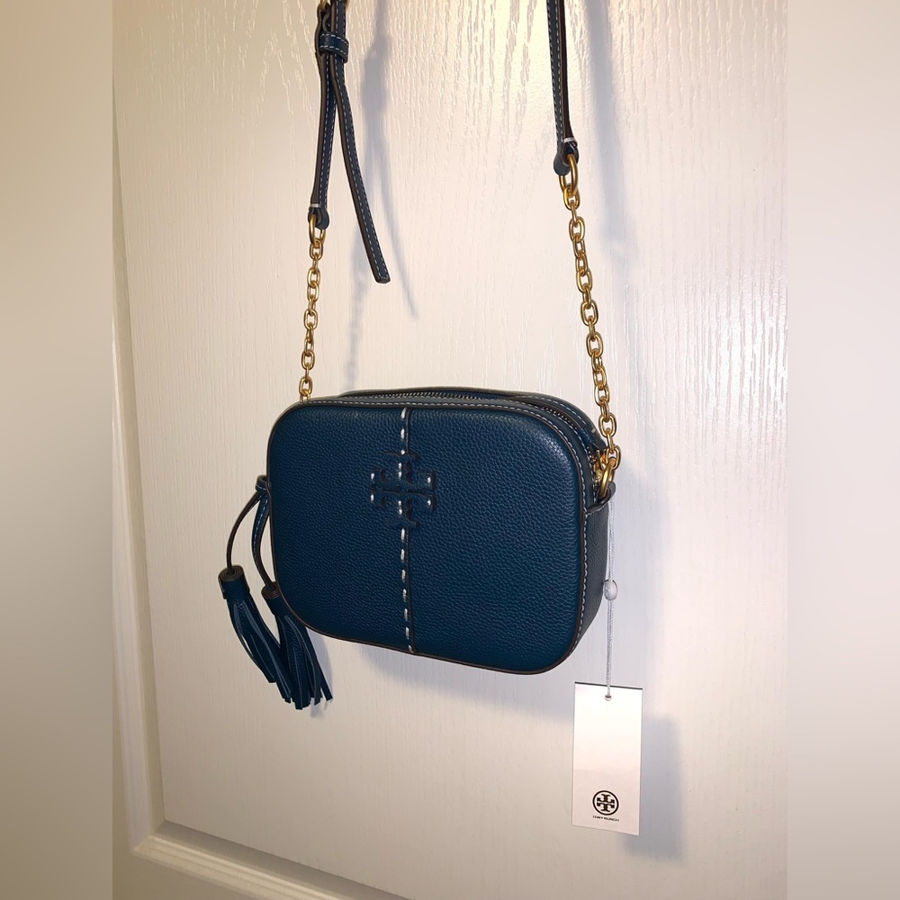 Tory Burch crossbody bag, UNUSED with tags, teal leather/gold hardware w/ tassel - Picture 8 of 8